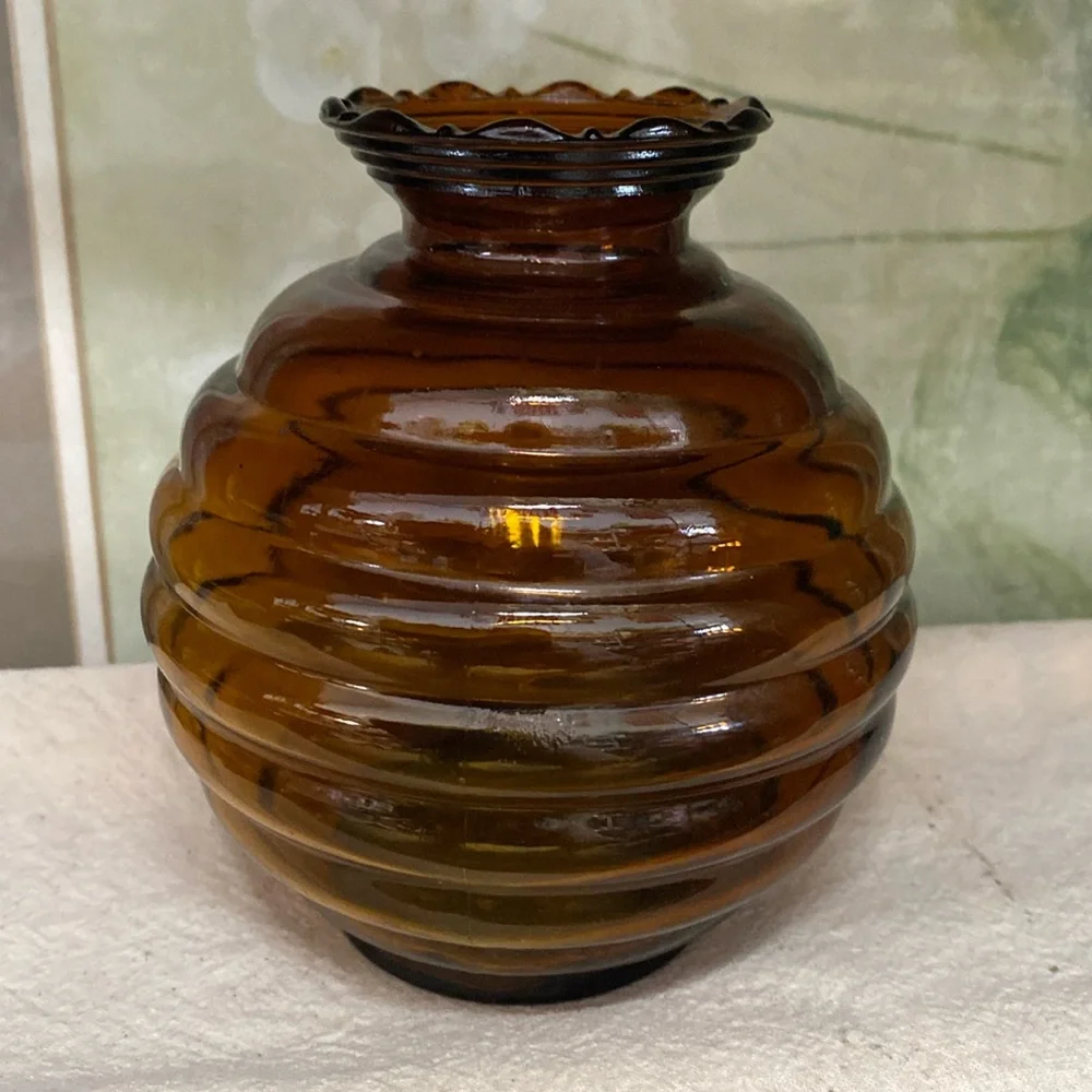 Vintage Amber Glass Ribbed Round Vase USA Vanity Jar 4.5
